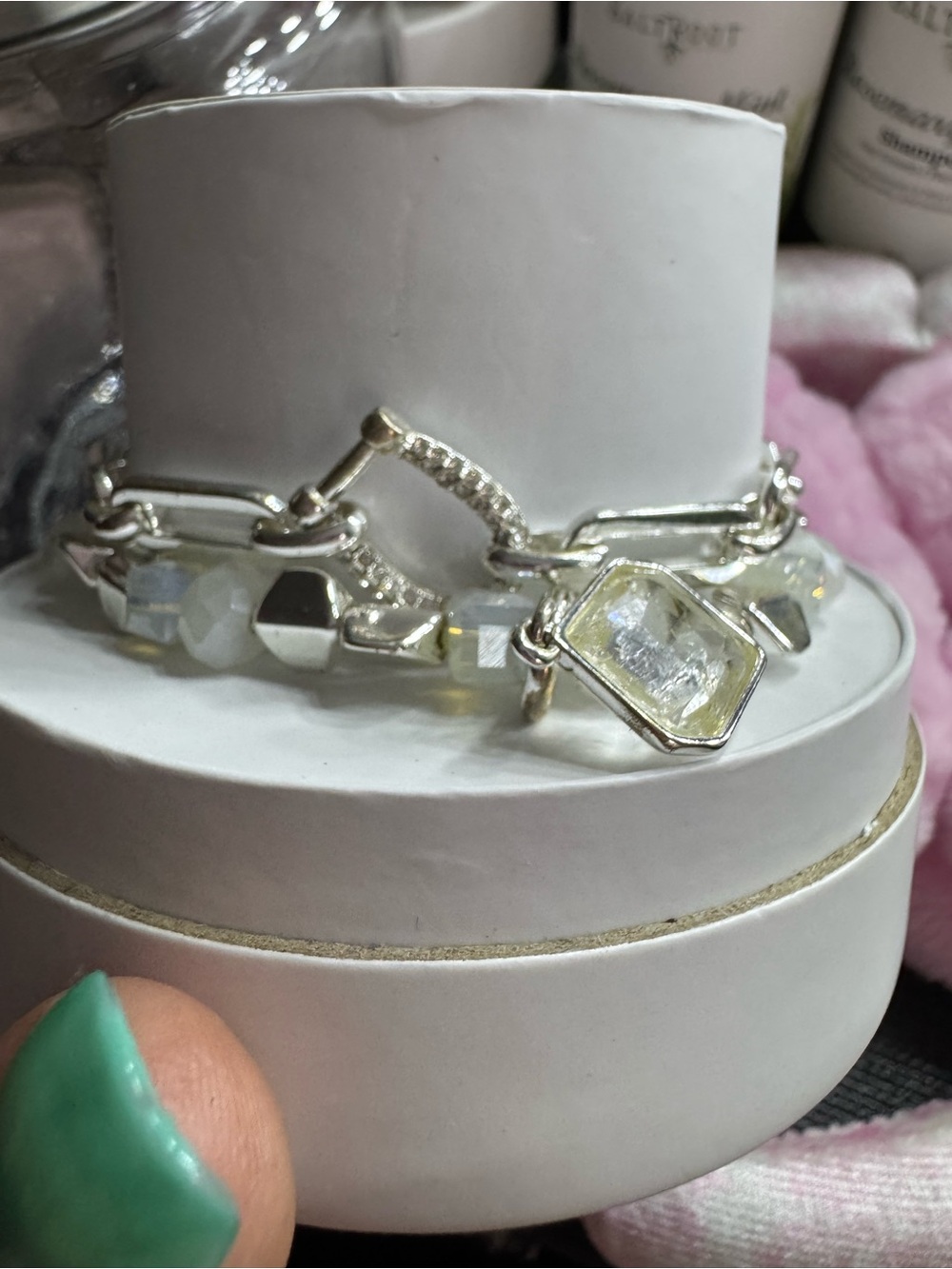 bp Silver-Tone Link Bracelet with Clear Square Crystal